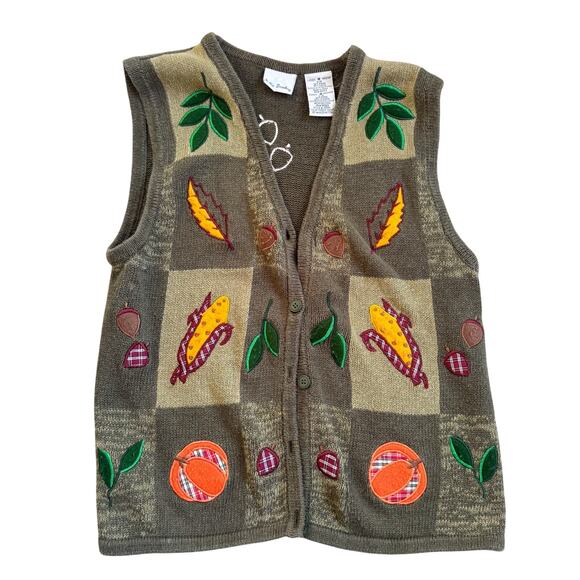 Bobbie Brooks Jackets & Blazers - Bobbie Brooks Womens Fall Harvest Pumpkin Corn Print Vest Green Size Medium